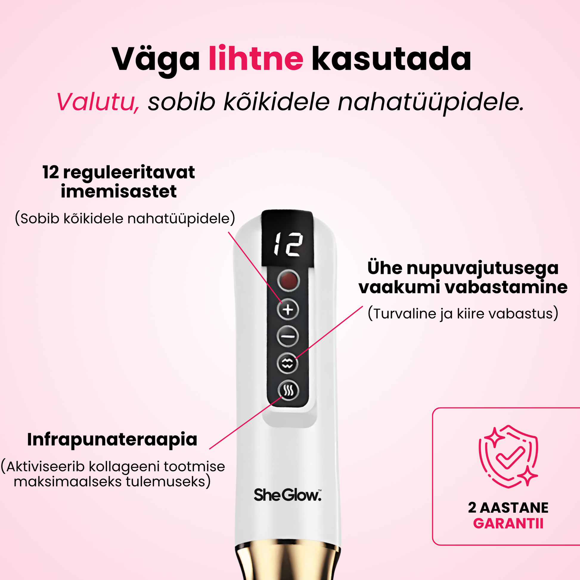 SheGlow tselluliidivastane seade – 12 imemisrežiimi, infrapunatehnoloogia, vaakumi vabastusnupp